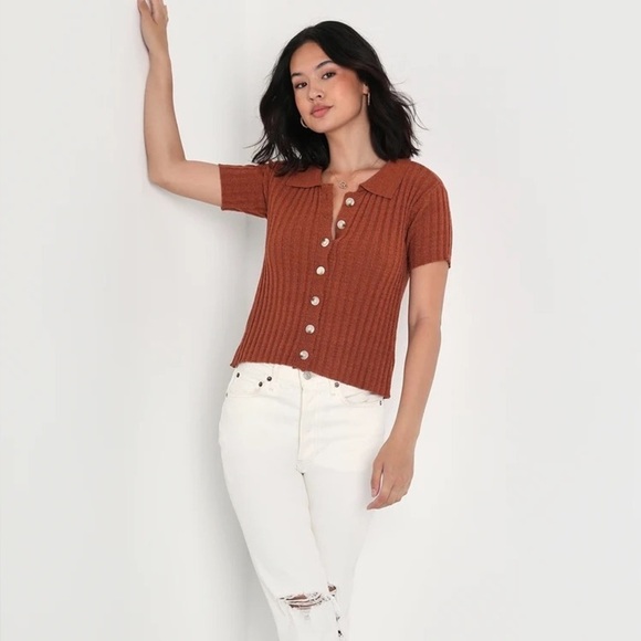 Lulus Pleasant Charm Brown Button-Up Short Sleeve Cardigan Sweater XS - Picture 11 of 12
